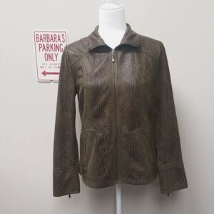 DIALOGUE SNAKE EMBOSSED LOOK BROWN,OLIVE GREEN ZIPPERED JACKET SZ X-SMALL